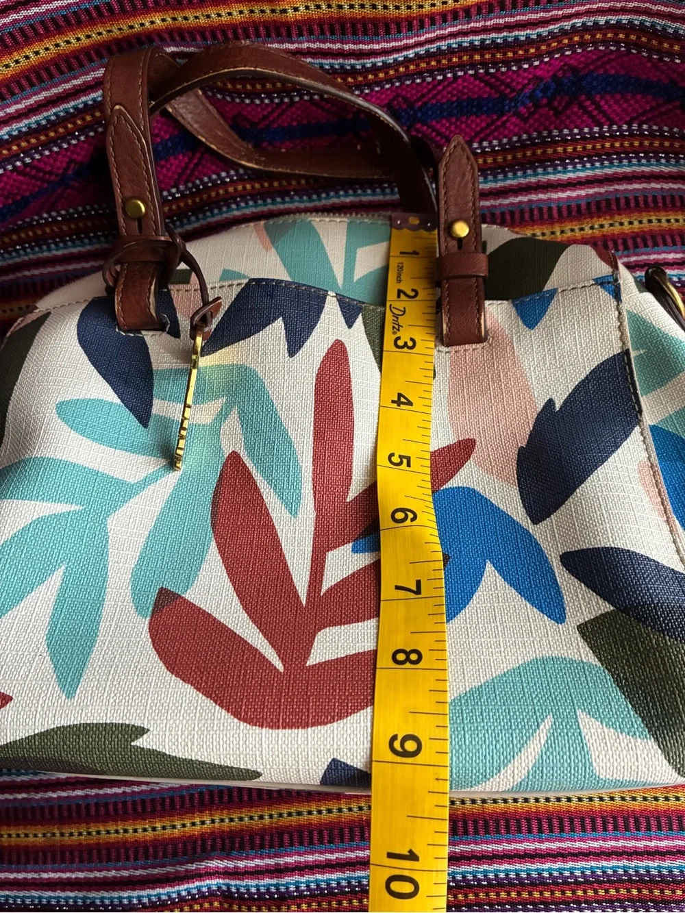 Fossil Multicolor Leaf-Print Satchel with Brown Trim